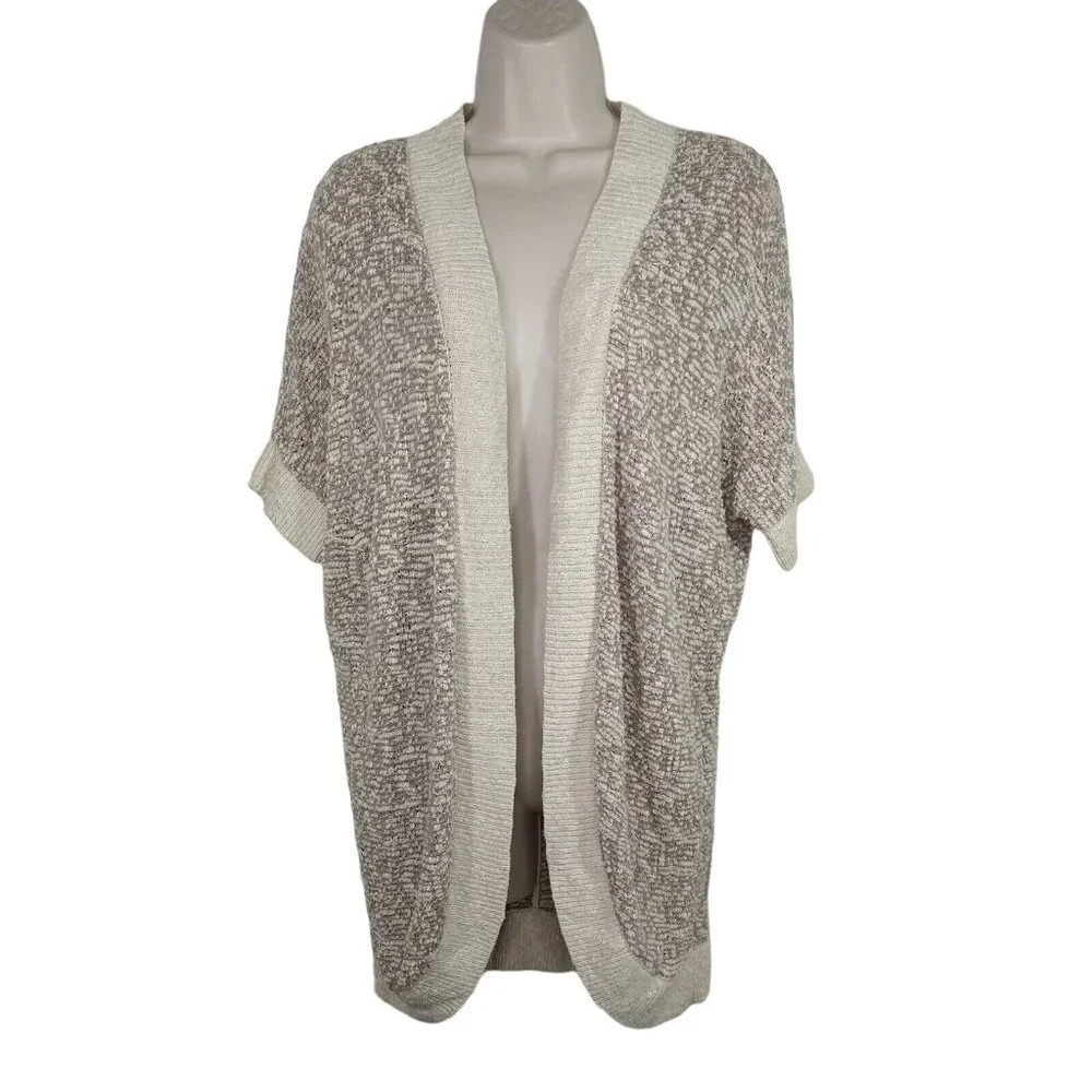 Chicos Open Front Sweater Women Size 1 US Size M 8 Tan Brown Dolman Short Sleeve